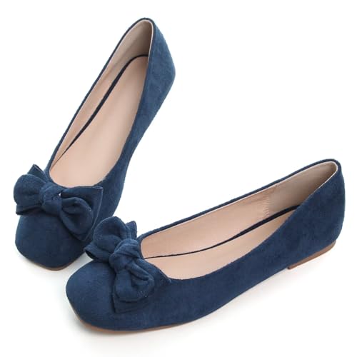 SAILING LU Cute Bow Black Ballet Flats Suede Dress Shoes for Women Comfortable Dressy Square Toe Walking Flats Shoes Slip Ons Business Casual3