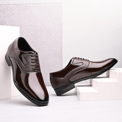 Image of Centrino Men's Formal Glossy Lace-Up Shoes | Patent Leather Oxford Dress Shoes|Comfortable Pointed Toe Formal Shoe| Stylish Looking Footwear for Formal Business Wedding & Office Shoes (9360)