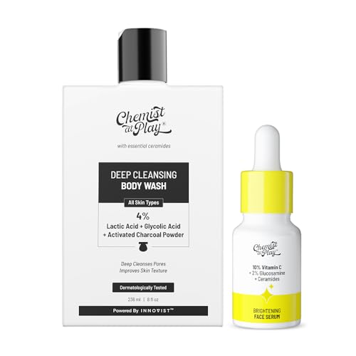Image of Chemist At Play Deep Cleansing Charcoal Body Wash & 10% Vitamin C Face Serum Combo | Exfoliates, Controls Oil, Fades Dark Spots & Hyperpigmentation | Detox, Glow, Vegan | 236ml + 10ml