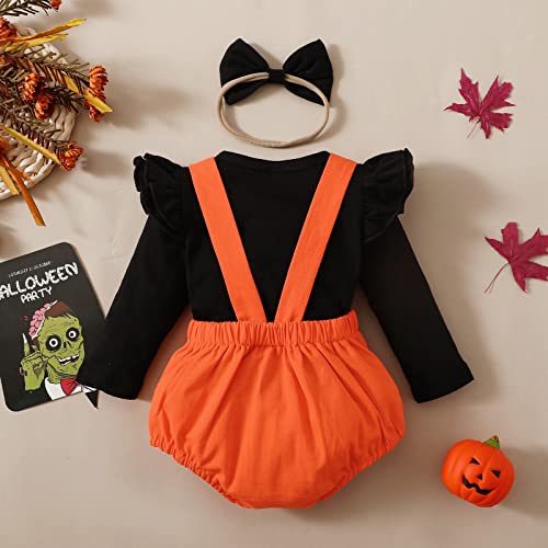 Newborn Girl Halloween Outfits Long Sleeve Solid Sweatshirt Tops Bib Overalls Ghost Jumpsuits Bow Headband Baby Fall Clothes3