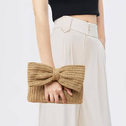 Image of Straw Clutch Purses for Women, Straw Handbag Lady with Bow Woven Clutch Bag for Beach Vacation