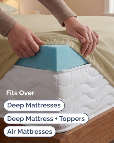 Image of Extra Deep Twin XL Sheet Set - 4 Piece Breathable & Cooling Sheets - Beige | Hotel Luxury Bed Sheets Set, Easy & Secure Fit, Ultra-Soft, Wrinkle & Fade Free, Comfy Sheets Set with Extra Deep Pockets