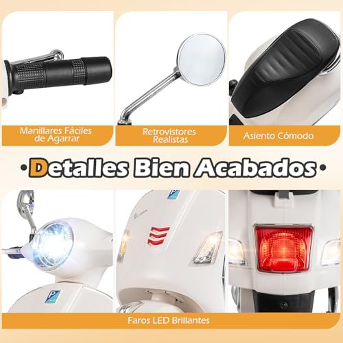GOPLUS Moto Eléctrica para Niños 12V, Scooter Eléctrico Vespa de 4 Ruedas con Música, Luces LED, Ruedas de Entrenamiento y Doble Motor 30W, Diseño Retro-Chic para Niños de 3 a 6 Años (Blanco) - imagen 4