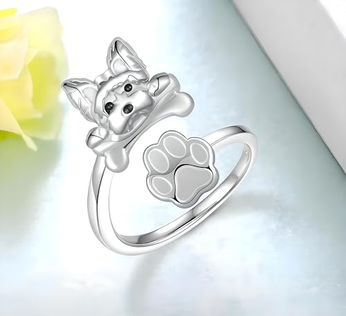 German Shepherd, Yorkie, Pug Dog Paw Adjustable Ring, Sterling Silver, Paw Print Design with Crystal Accents - Christmas, Birthday, or Party Ring3
