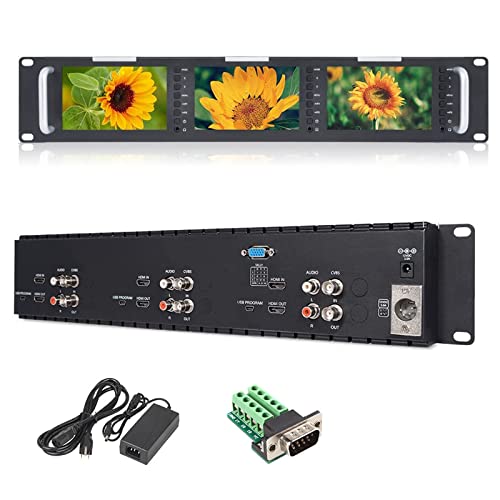 Image of FEELWORLD T51-H Triple 5 inch 2 RU Rack Mount Monitor 800x480 Broadcast LCD Monitor with HDMI AV Input and Output