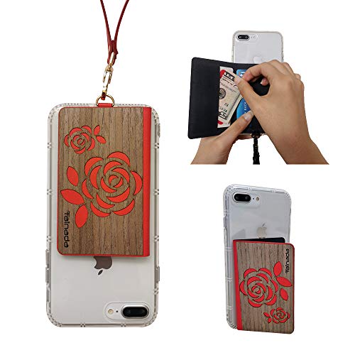 Image of Tainada Stick On Flip Phone Wallet with Phone Detachable Neck Lanyard & Built-in Stand, Adhesive Cash Credit Card Holder with Wooden Laser Engraved Design + One Cord Wrapper (Rose Red)