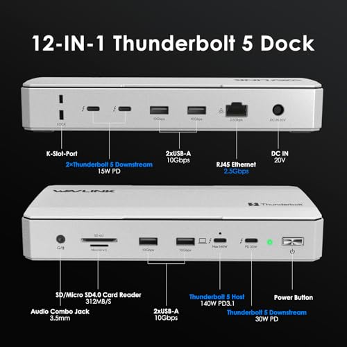 WAVLINK Intel EVO Certified Thunderbolt 5 Dock, 120Gbps, 140W PD, 8K | Thunderbolt 5 Docking Station hub TB5 Dock 8K Display 140W Max Charging 4X USB-A 3.2 TBT 5/4 Laptops laptop cooling system - Image 3