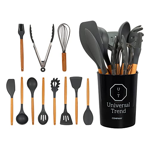 Universal Trend - 11-Piece Cooking Utensils Set, Lightweight and Heat Resistant Wood & Silicone Kitchen Utensil Set, Stylish Kitchen Essentials, Charcoal Grey Universal Trend - 11-Piece Cooking Utensils Set, Lightweight and Heat Resistant Wood & Silicone Kitchen Utensil Set, Stylish Kitchen Essentials, Charcoal Grey