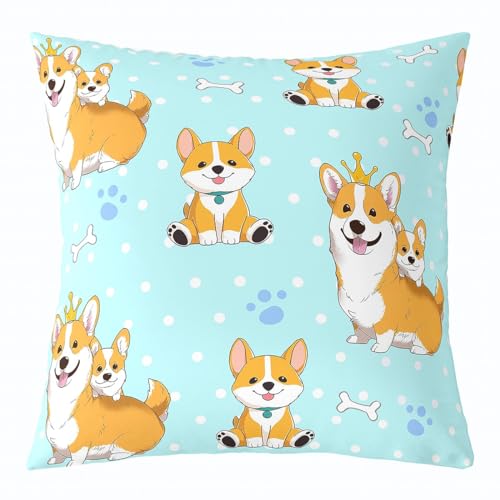 Homewish Cute Corgi Pillow Cover Cartoon Dog Kawaii Animal Decor Cushion Cover for Kids Boys Girls Watercolor Blue Paw Print Dots Graffiti Cushion Case for Office Bedroom 18x18 Inch