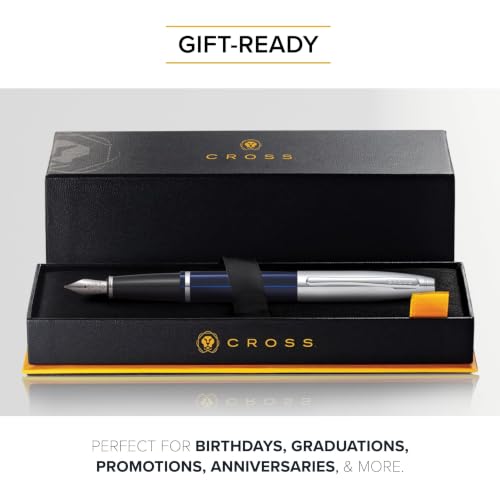 Image of Cross Calais Chrome & Blue Refillable Fountain Pen - Medium Point, Black Ink, Smooth Writing, Presented in a Luxury Gift Box