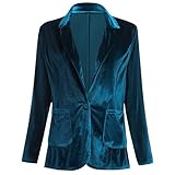 Velvet Blazer Jackets for Women Casual Long Sleeve Lapel Collar Open Front 1 Button Velvet Jacket Coat with Pocketed Work Office Fall Winter Outfits Peacock Blue L
