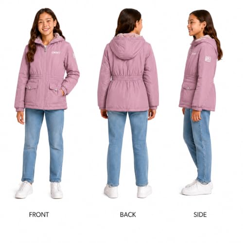 Image of DKNY Girls Midweight Jacket - Cozy Sherpa Fur Lined Water Resistant Hooded Anorak Windbreaker Zip Up Jacket for Girls