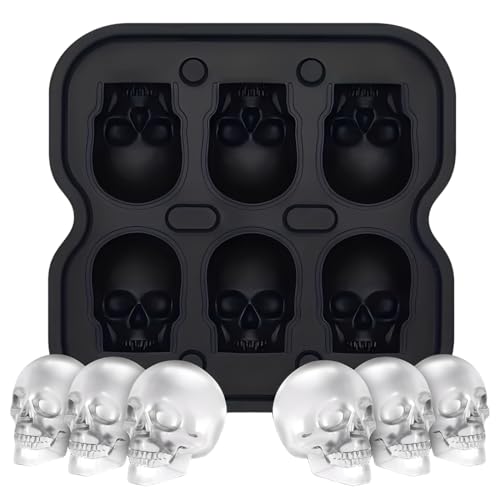 3D Skull Eiswürfelformen Schwarz BPA Freie Silikon Ice Cubes Mold Tray mit Deckel Mache 6 Vivid Skulls Perfekt für Whiskey Cocktail und Jedes Getränk