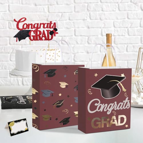 Image of 12 Pieces Graduate Gift Bags, Graduation Party Decorations (Red Gold)