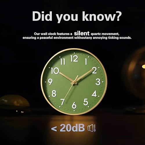 Image of Mosewa Wall Clock 10 Inch, Battery Operated Silent Non-Ticking Modern Analog Clock Decorative for Kitchen, Bedroom, Office(Olive Green and Gold)