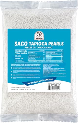 52USA Sago Pearls, Small Tapioca Pearls 1.1 lbs (500g), White Sago for Desserts and Bubble Milk Tea, Summer Beverages, All Natural, Vegan, Non-GMO, Gluten-Free