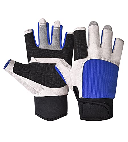 ChinFun Unisex Sailing Gloves Fingerless Great Grip for Water Sports, Sailing, Paddling, Canoeing, Kayaking Comfort Fit Fishing for Men and Women Black & Blue M