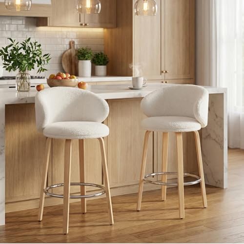 HEAH-YO Butacos Modernos para Isla de Cocina, Juego de 2 Unidades, Altura de Barra (26 pulgadas), Asiento Tapizado en Bouclé y Patas de Madera, Color Blanco miniatura 1