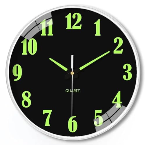 Horloge murale phosphorescente – Horloge à quartz silencieuse avec grands chiffres, fonction veilleuse de 20 cm pour chambre à coucher, salon et bureau (A)