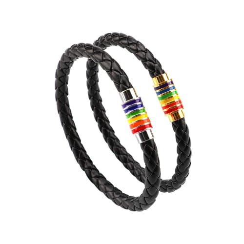 PHOGARY Gay Pride Armband LGBT Regenbogen Armband (2 Stück), Paar Schwarz Leder Armband Herren Damen Armband mit Regenbogen gestreift Edelstahl Magnetverschluss 22cm