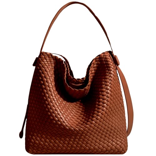 Image of Large Woven Tote Bag Vegan Leather Shoulder Bag for Women Fashion Travel Shopper Bag Top Handle Handbag and Purse