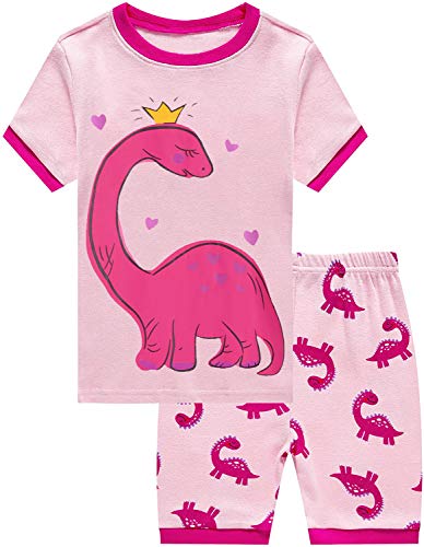 EULLA Little Girls Short Pyjamas Cotton Dinosaur Summer Short Sleeve T Shirt Kids Nightwear Outfit Best Gift Age 5 6 Years