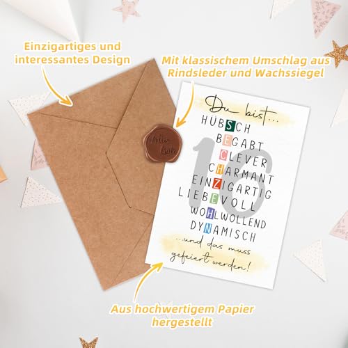 Giftota Geburtstagskarte 15 Jahre Mädchen Jungen (A6 Klappkarte mit Umschlag & Wachssiegel), Schöne Geschenkkarte zum 15. Geburtstag mit besonderen Designs, Sweet 15 Grußkarten für Freunde, Kinder