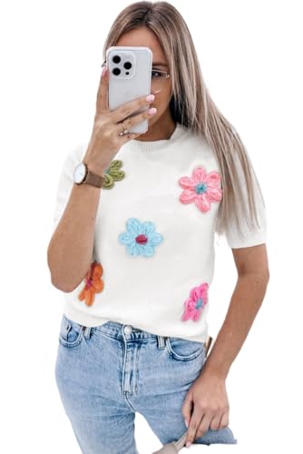 Breathable and Cozy White Short Sleeve Sweater with Floral Decoration