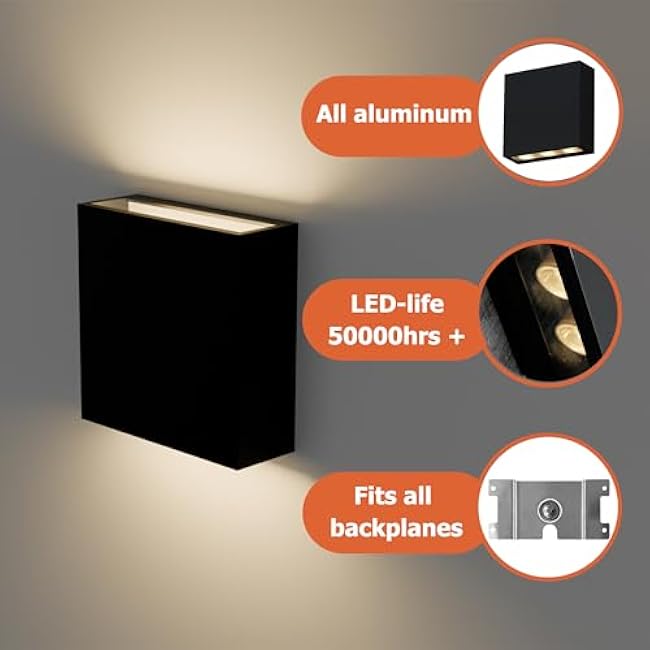 Modern LED Wall Sconce Outdoor Up Down Wall Lamp, Black Aluminum Waterproof Wall Lights Exterior Light Fixtures 450LM 3000K Hallway Wall Lighting for Porch Front Door Garden Yard Patio