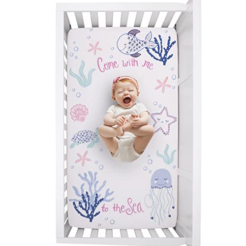 Image of NoJo Mermaid Lagoon Pink, Blue, and White Come with me to the Sea 100% Cotton Photo Op Fitted Crib Sheet