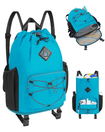 WANDF Drawstring Backpack with Removable Wet Pocket Sandproof Beach Backpack with Bottom Compression Strap for Beach Mat Swim Bag for Pool Gym Travel and Workout Gear (Teal)