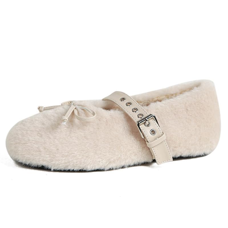 Fur Ballet Flats for Women Mary Jane Flats Buckle Strap Comfy Ballerina Flat Shoes Cute Casual Faux Fur Shoes