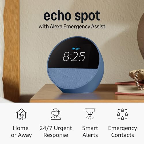 Image of Echo Spot (newest model), Ocean Blue, bundle with Alexa Emergency Assist (monthly auto-renewal subscription)