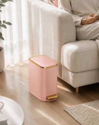 Image of Cesun Small Bathroom Trash Can with Gold Grimmed Lid & Pedal, 1.3Gal, Pink