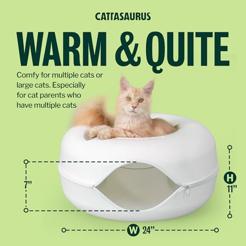 Image of Cattasaurus Peekaboo Cat Cave Donut for Multiple & Large Cats up to 30-45 lbs, 3-in-1 Self Warming Cat Bed, Tunnel & Scratcher for Indoor Cats, Washable & Detachable Small Dog Bed (White, Large)