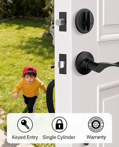 Image of Haidms Matte Black Front Door Handle and Deadbolt Set, Front Door Lock Set, Weather Resistant Entry Door Locksets with Deadbolt Single Cylinder, Exterior Door Handle with Reversible Handle Lever