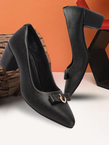 Image of Carlton London Women's Block Heel Round Toe Pumps - Elegant, Comfortable, and Stylish for Office, Casual and Semi-Formal Use