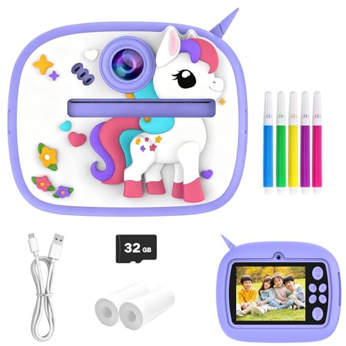 Image of Kids Camera with Instant Print, Front & Rear Dual Cameras, Portable Travel Digital Toy, Birthday for Girls & Boys Ages 3-12 (32GB SD Card) Purple