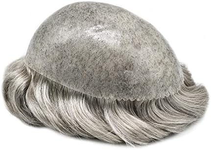 Toupee for Men's Hair Replacement System - Full Injected PU Durable Skin Wig - Soft Human Hair Piece - Grey 6"x8" #565 Light-Med Brown+65% Gray-120% Medium Light to Medium