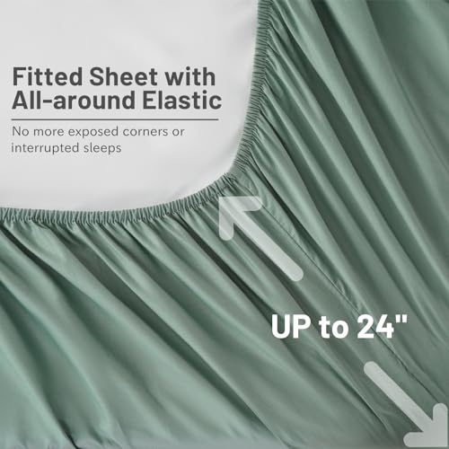 MEISHANG Extra Deep Pocket Queen Sheets Cotton - 1000 Thread Count Sheets Queen - Fits 18"-24" in Deep Mattress,100% Egyptian Cotton,Sateen Weave, Soft & Breathable - 4 Piece (Queen, Sage Green)