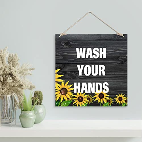 Plaque en bois tournesol Wash Your Hands décoration murale rustique 40cm - 4