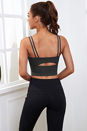 Everrysea Womens Longline Sports Bra Padded Yoga Workout Crop Tank Tops Strappy Camisole Fitness Shirts Black - Image 3
