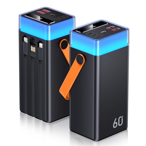 CUZAR Power Bank 60000mAh 22.5W Carga Rápida, Batería Externa Portátil con Cable USB C para iPhone 16 15 14 13 Xiaomi Samsung Viajes Camping Outdoor​​
