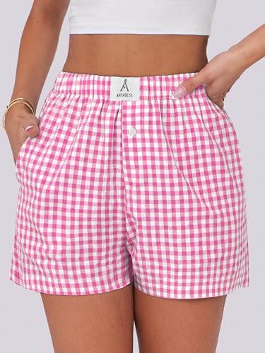 Image of ANRABESS Boxer Shorts for Women Gingham Pajama 2026 Summer Casual Lounge Sleep Plaid Shorts Y2K Beach Bottoms