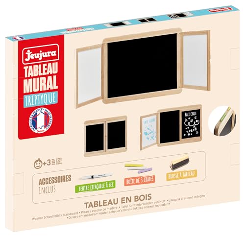 Jeujura - Tableau Mural Triptyque - Une ardoise centrale pour écrire à la craie et deux volets pour feutre effaçable à sec et craie - Nombreux Accessoires...
