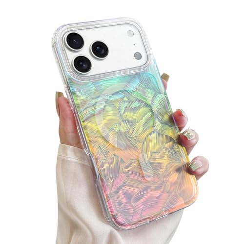 Image of AIGOMARA Cute Case for iPhone 17 Pro Case for Women Girls [ Compatible with Magsafe ] Glitter Pearl Aesthetic Rainbow Magnetic Protective Phone Cover, Fluorescent Iridescent Shell Pattern