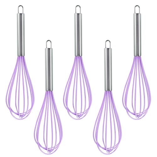 Ousyaah 5-Piece Silicone Whisk Stainless Steel Handle, 10-Inch Kitchen Egg Beater Milk Frothers for Cooking, Classic Mixer Balloon Wire Whisk for Blending, Whisking, Beating and Stirring (Purple)