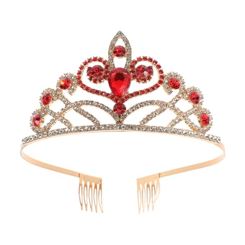 Veemoon Tiara De Novia De Boda Con Peine Barroco - Diadema Elegante En Oro y Rojo Con Cristales Brillantes - Accesorio Para El Pelo De Mujer Para Eventos Especiales y Celebraciones