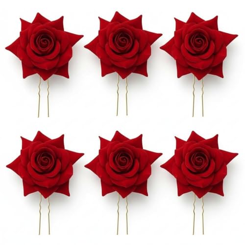 Image of Alvero Premium Red Rose Hair Pins for Women, Velvet Floral Realistic Juda Pins U-Pins for Bridal Hair Accessories (Pack of 6)