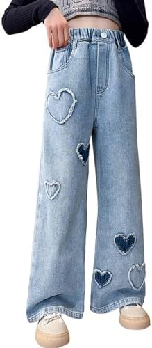 Teen Girls Elastic Waist Cool Ripped Jeans Washed Denim Wide Leg Ripped Denim Jean Baggy Jeans for Girls